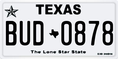 TX license plate BUD0878
