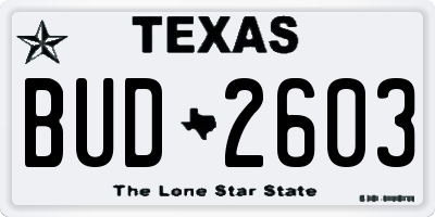 TX license plate BUD2603