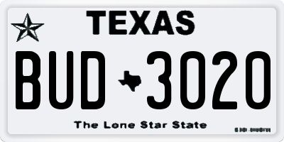 TX license plate BUD3020