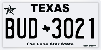 TX license plate BUD3021