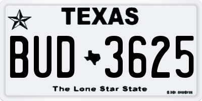 TX license plate BUD3625
