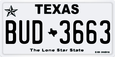 TX license plate BUD3663