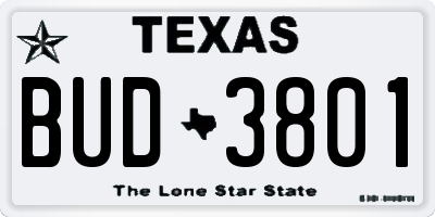 TX license plate BUD3801