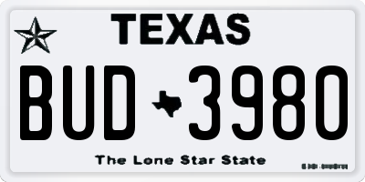 TX license plate BUD3980