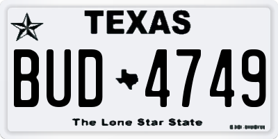 TX license plate BUD4749
