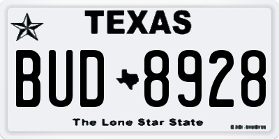 TX license plate BUD8928
