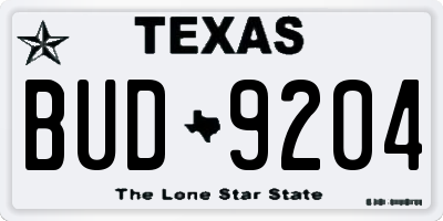 TX license plate BUD9204