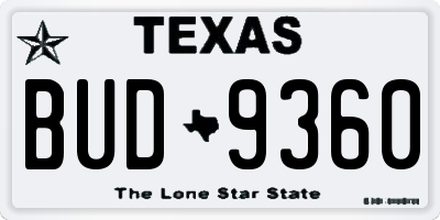 TX license plate BUD9360