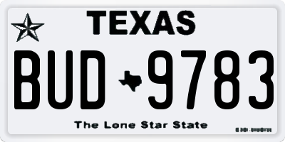 TX license plate BUD9783