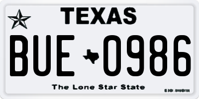 TX license plate BUE0986