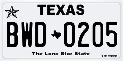 TX license plate BWD0205