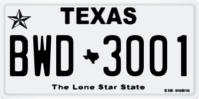 TX license plate BWD3001