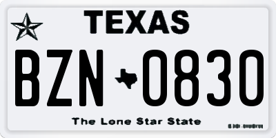 TX license plate BZN0830