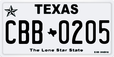 TX license plate CBB0205