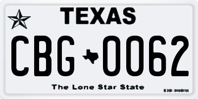 TX license plate CBG0062