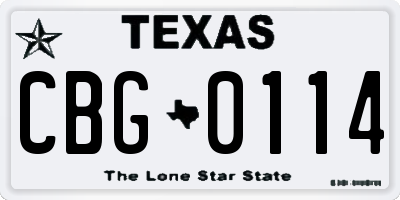 TX license plate CBG0114