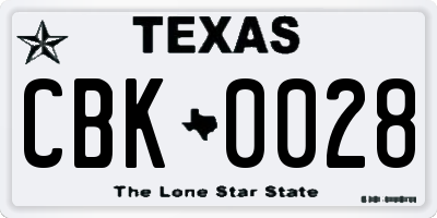TX license plate CBK0028