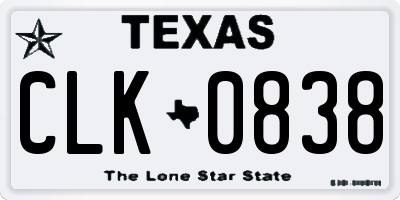 TX license plate CLK0838