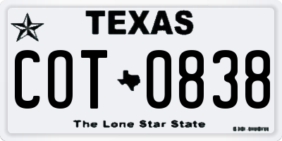TX license plate COT0838