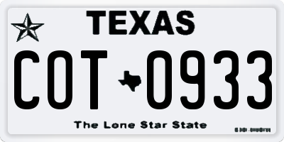 TX license plate COT0933