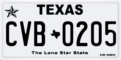 TX license plate CVB0205