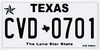 TX license plate CVD0701