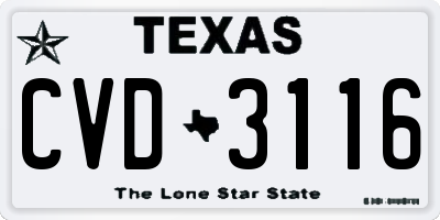 TX license plate CVD3116