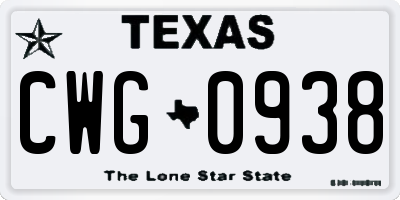 TX license plate CWG0938