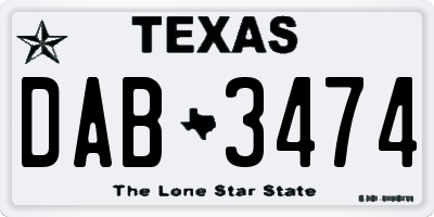TX license plate DAB3474