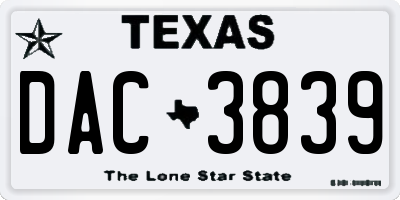 TX license plate DAC3839