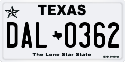 TX license plate DAL0362