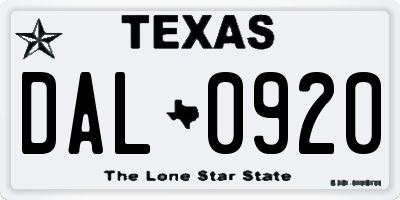 TX license plate DAL0920