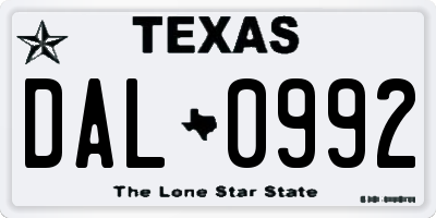TX license plate DAL0992