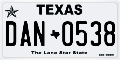 TX license plate DAN0538