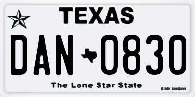 TX license plate DAN0830