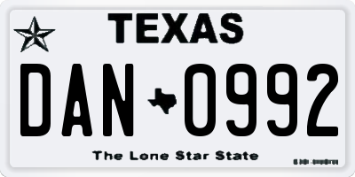 TX license plate DAN0992