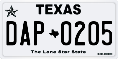 TX license plate DAP0205