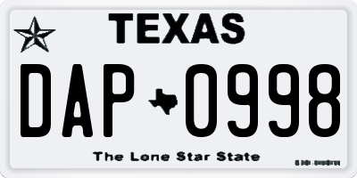 TX license plate DAP0998