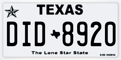 TX license plate DID8920
