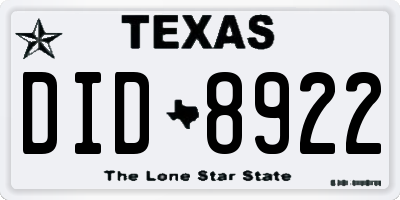 TX license plate DID8922