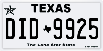 TX license plate DID9925
