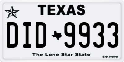 TX license plate DID9933