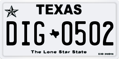 TX license plate DIG0502