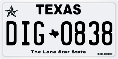 TX license plate DIG0838