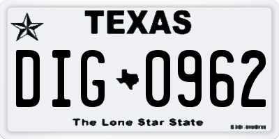 TX license plate DIG0962