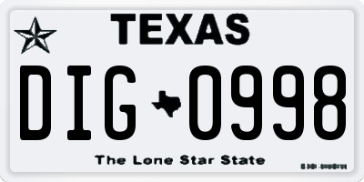 TX license plate DIG0998