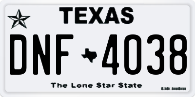 TX license plate DNF4038