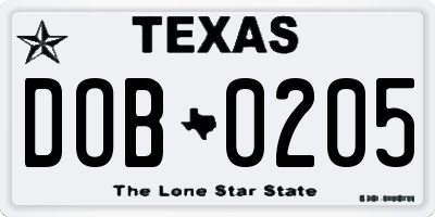 TX license plate DOB0205