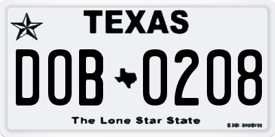 TX license plate DOB0208