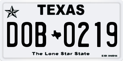 TX license plate DOB0219